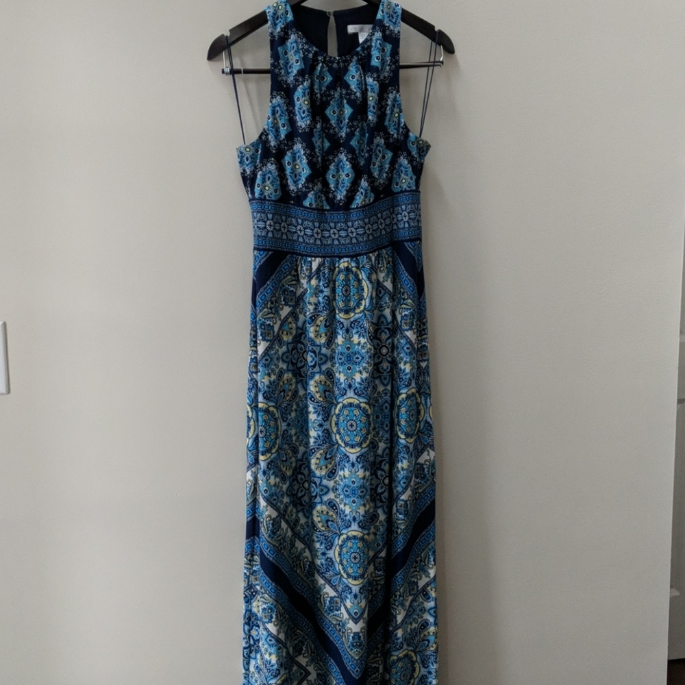 Floor length maxi in fun blue/white/yellow print